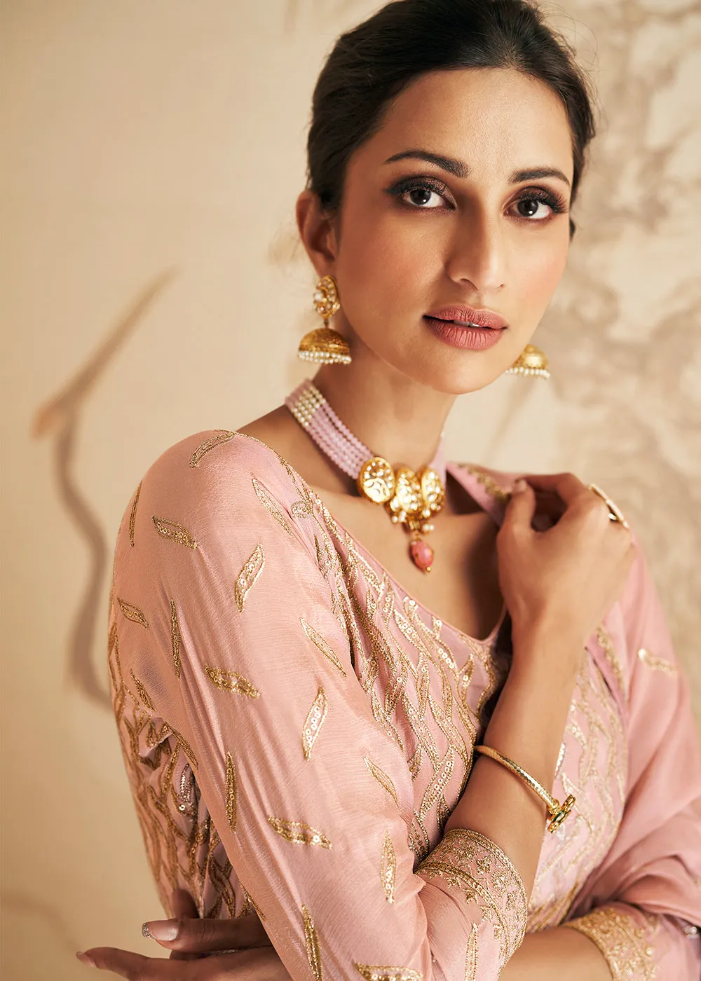 Blush Pink Thread & Sequins Embroidered Designer Sharara Suit