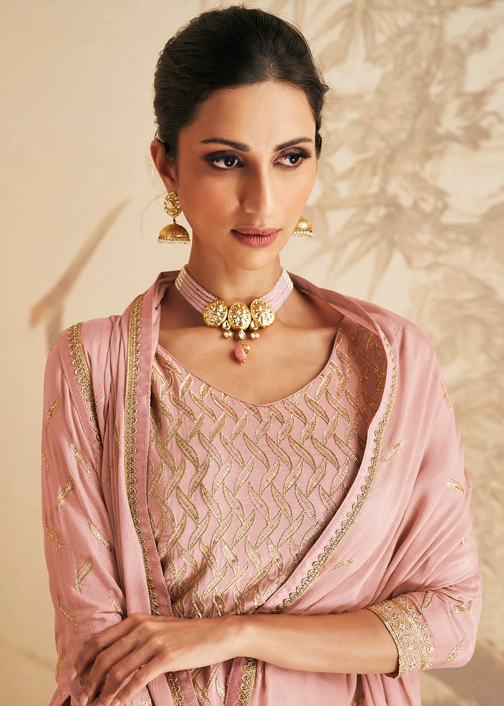 Blush Pink Thread & Sequins Embroidered Designer Sharara Suit