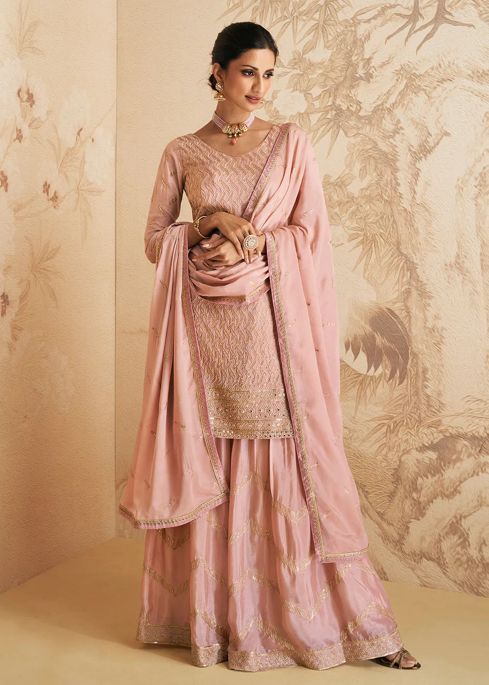 Blush Pink Thread & Sequins Embroidered Designer Sharara Suit