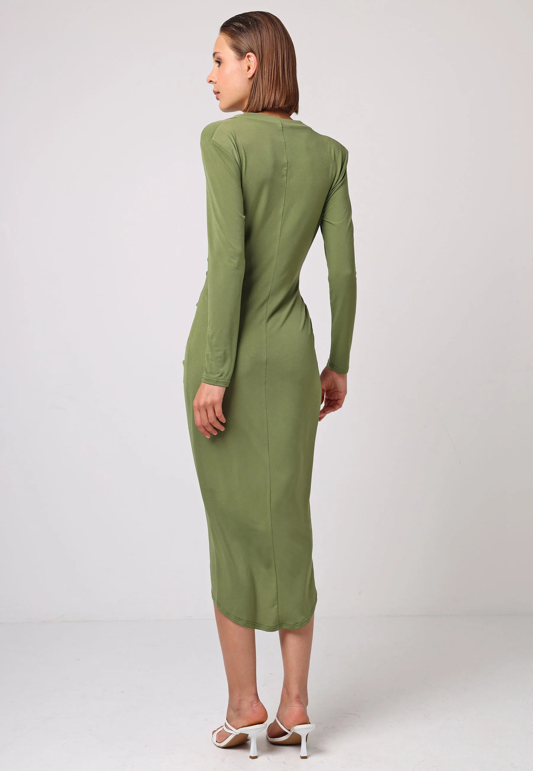 Bodycon Wrap Midi Dress With Long Sleeves In Khaki