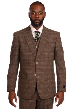 BROWN MEN'S PLAID STYLE SUIT 3 PIECES VESTED MODERN-FIT PEAK LAPEL