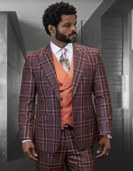 Brown Plaid Suit - Copper - Orange - Rust Color Windowpane Pattern Suit - Wool Suit - Peak Lapel Side Vented Modern Fit