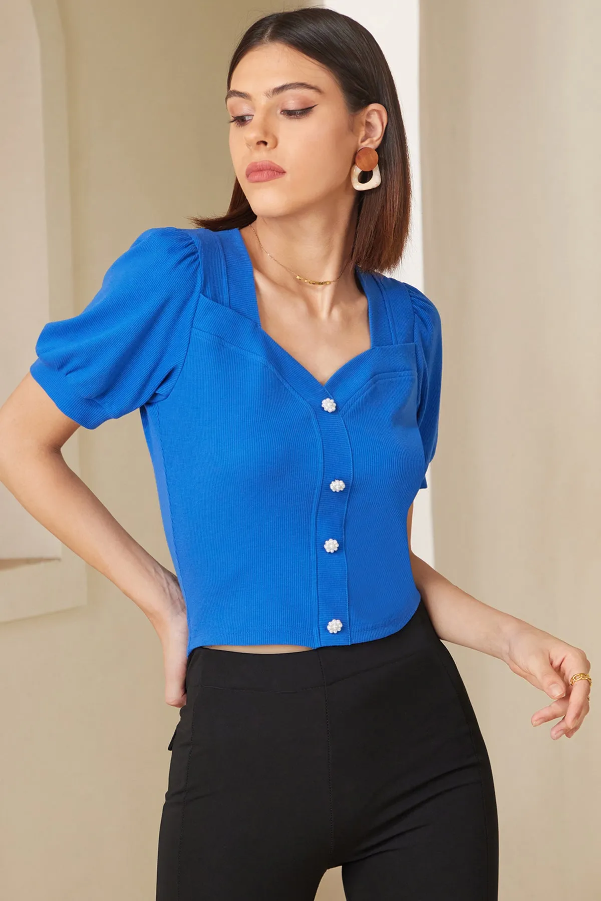 Button Front Puff Sleeve Rib Top