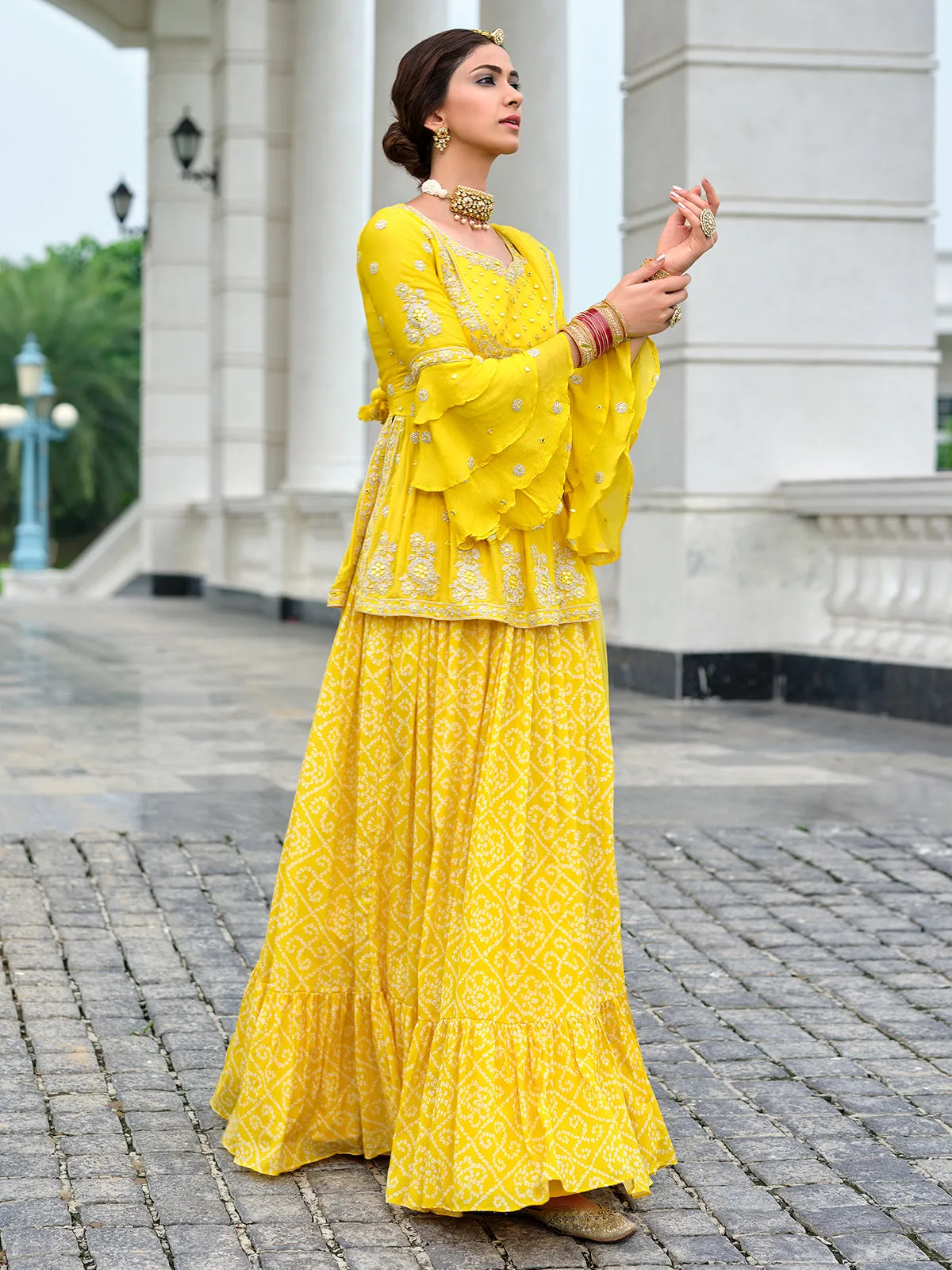 Cadmium Yellow Palazzo Style Viscose Georgette Peplum Suit