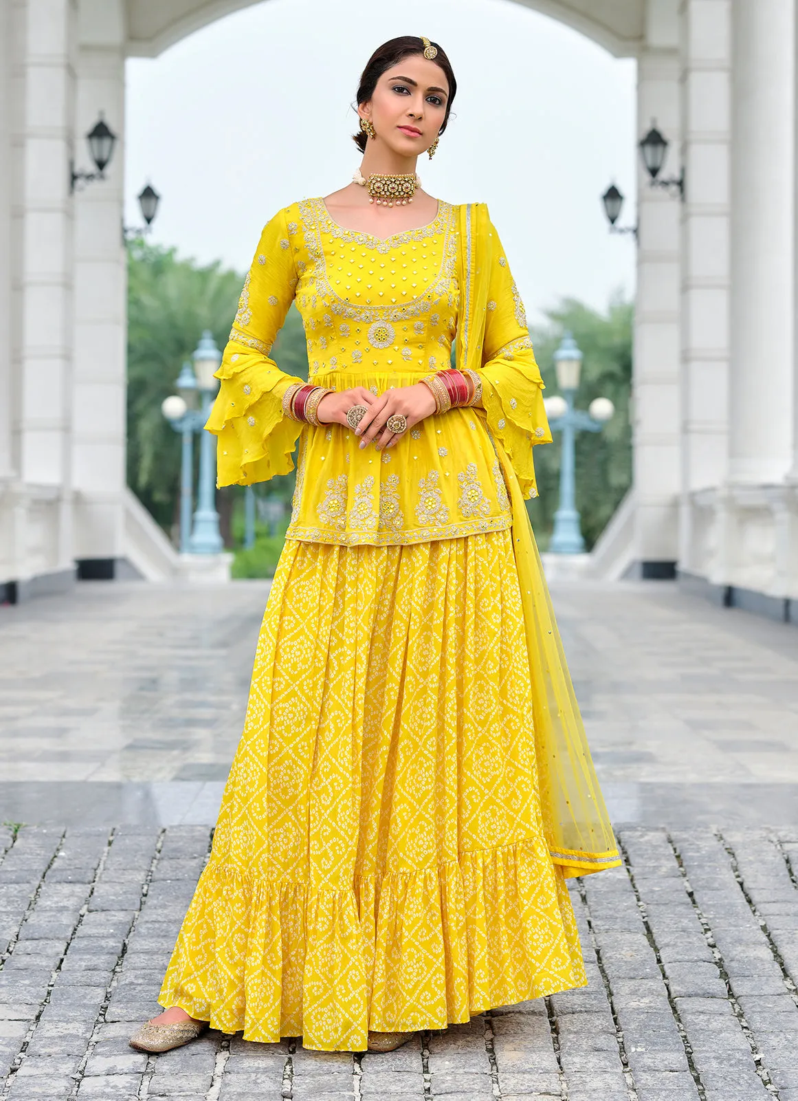 Cadmium Yellow Palazzo Style Viscose Georgette Peplum Suit