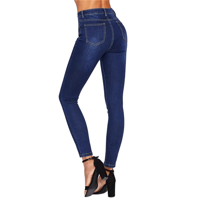 Casual Blue Dark Skinny High Waist Button Fly Denim Jeans For Women