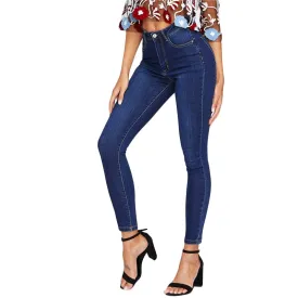 Casual Blue Dark Skinny High Waist Button Fly Denim Jeans For Women