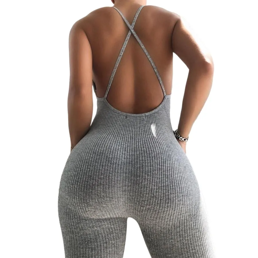 Casual Sexy Ladies' V-neck Backless Elastic Jumpsuits For Sport Hang Out