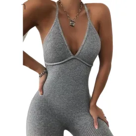 Casual Sexy Ladies' V-neck Backless Elastic Jumpsuits For Sport Hang Out