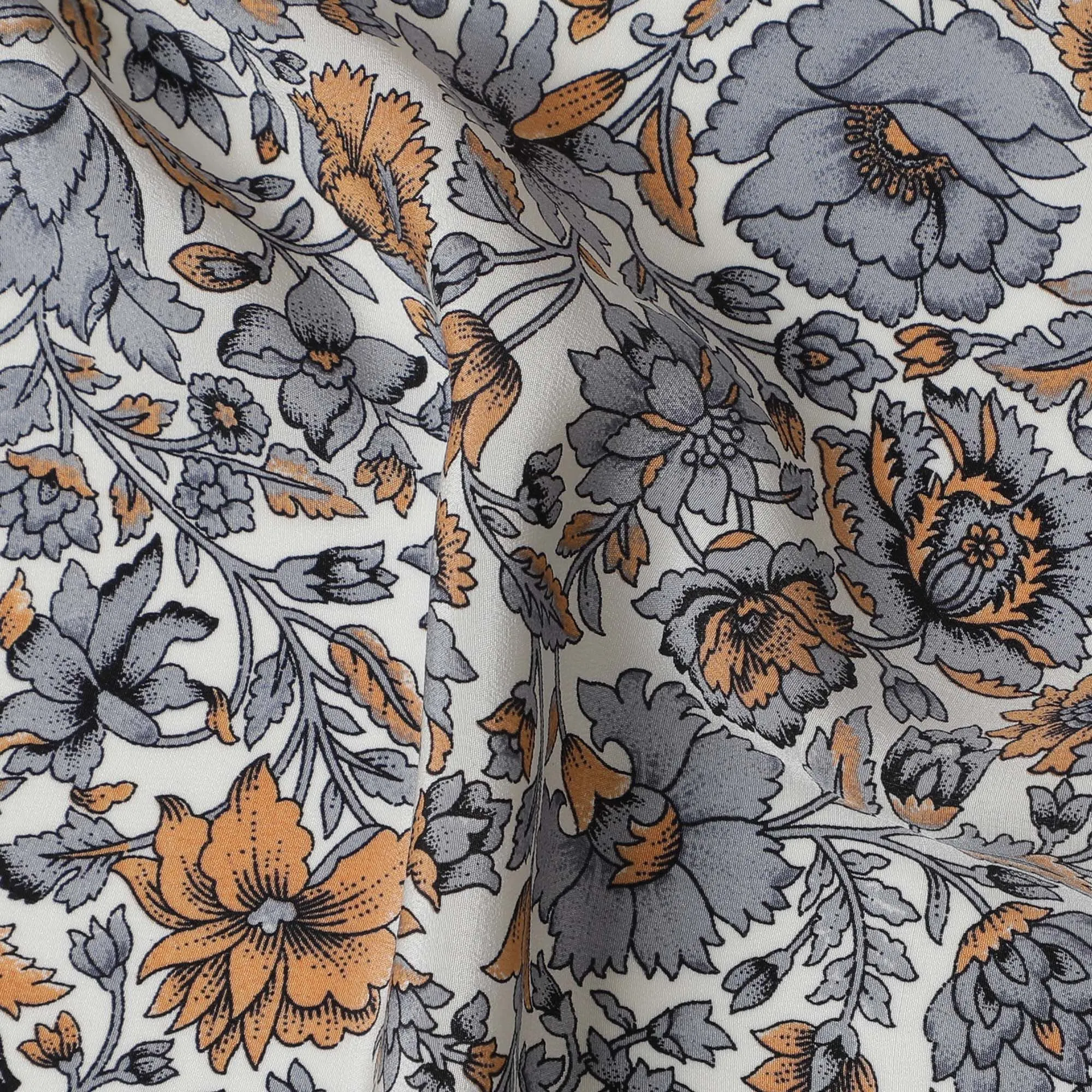 Chic Gray & Amber Floral Pure Silk Crepe Fabric - Elegant Design, 110cm Wide, Indian Craftsmanship - Shop Online by the Meter-D18030