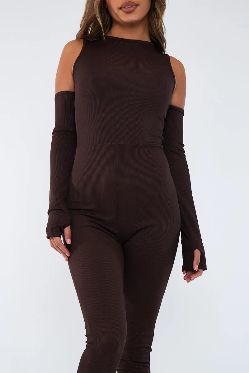 Chocolate Rib Cut Out Shoulder Thumb Hole Jumpsuit - Mel