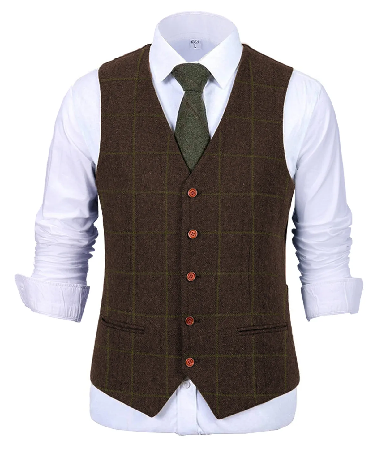 Classic Men's Suit Vest Plaid Tweed V Neck Waistcoat