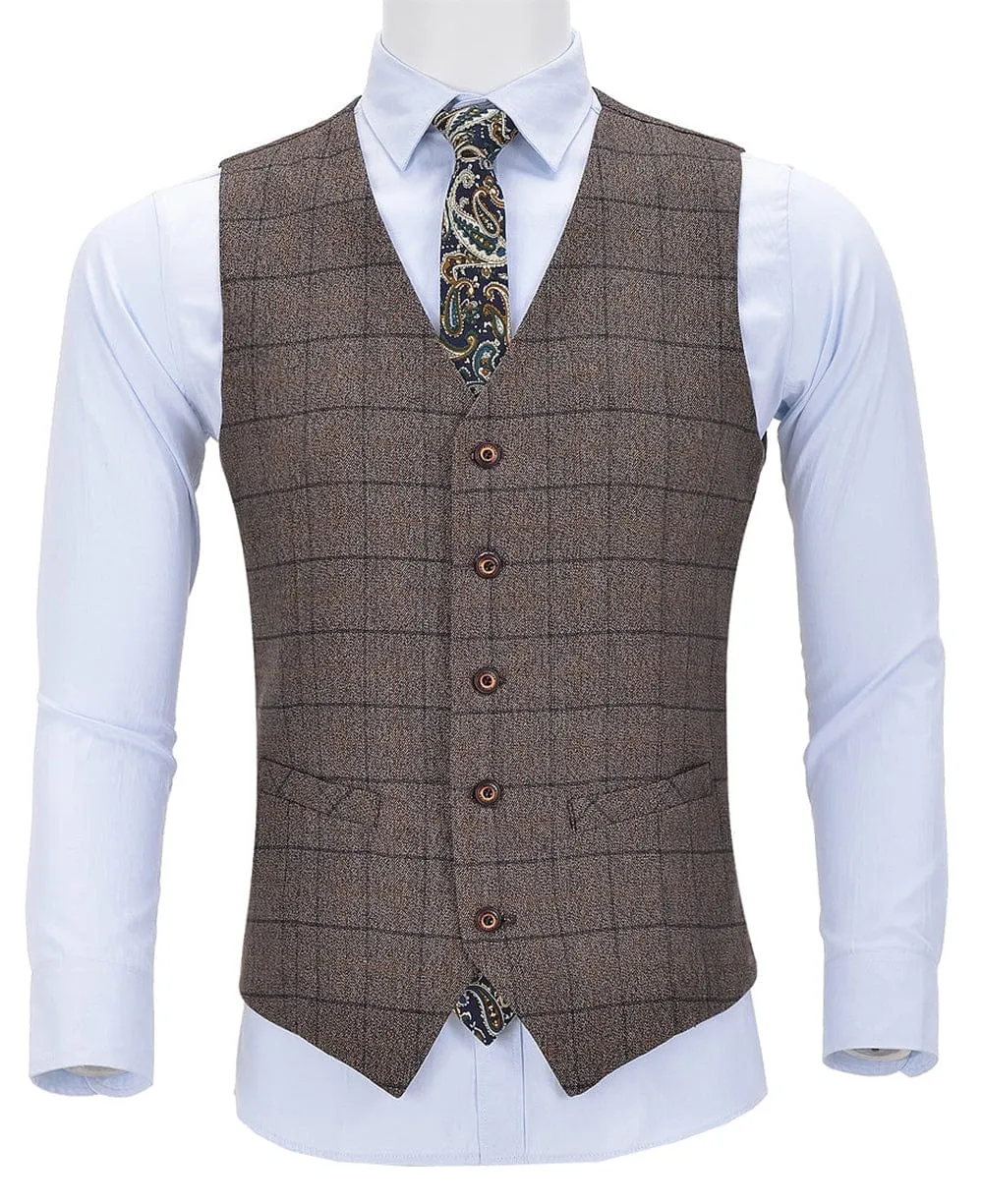 Coffee Formal Suit Vest Plaid V Neck Waistcoat