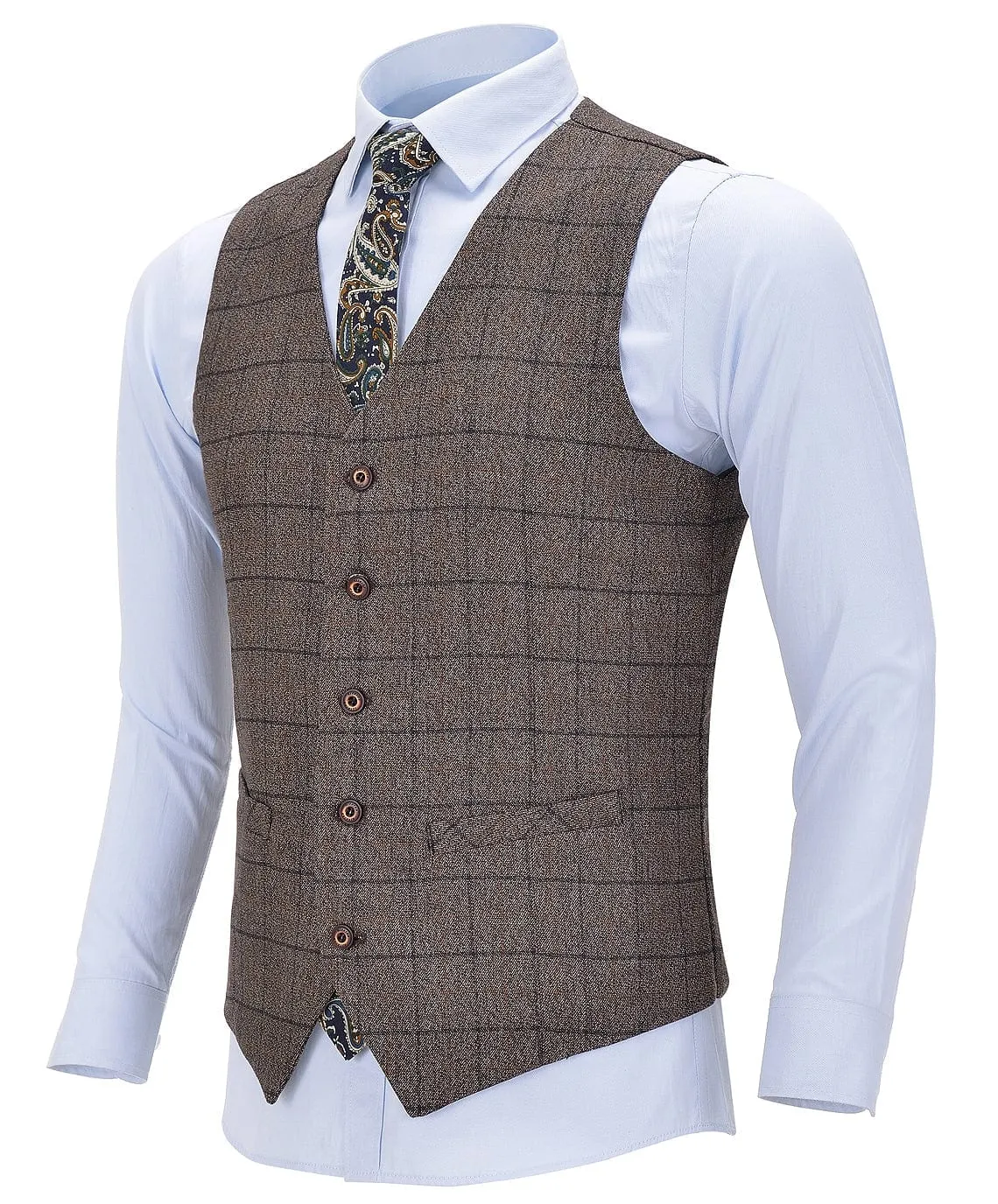 Coffee Formal Suit Vest Plaid V Neck Waistcoat