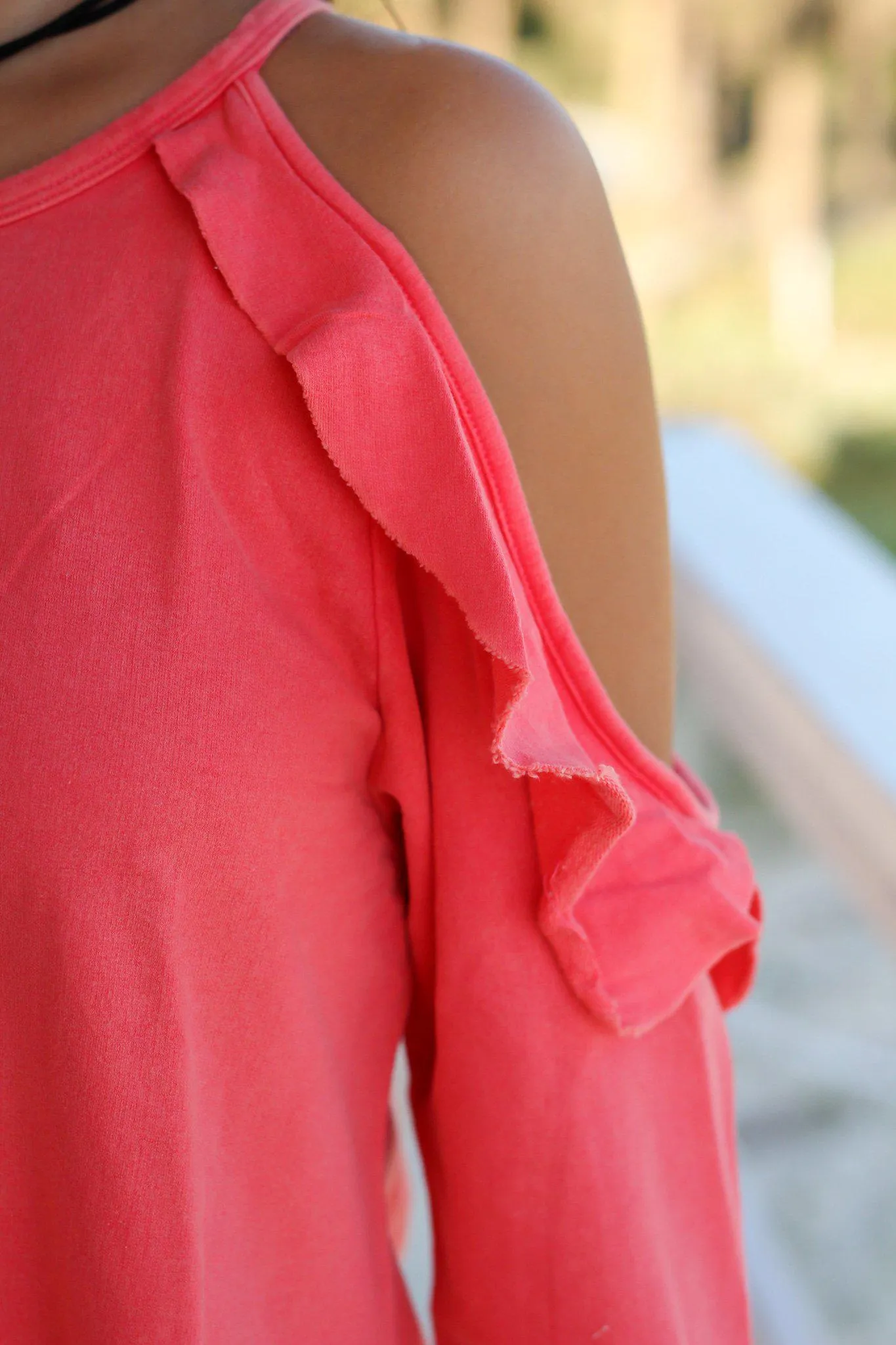 Coral Cold Shoulder Top with Ruffle Detail