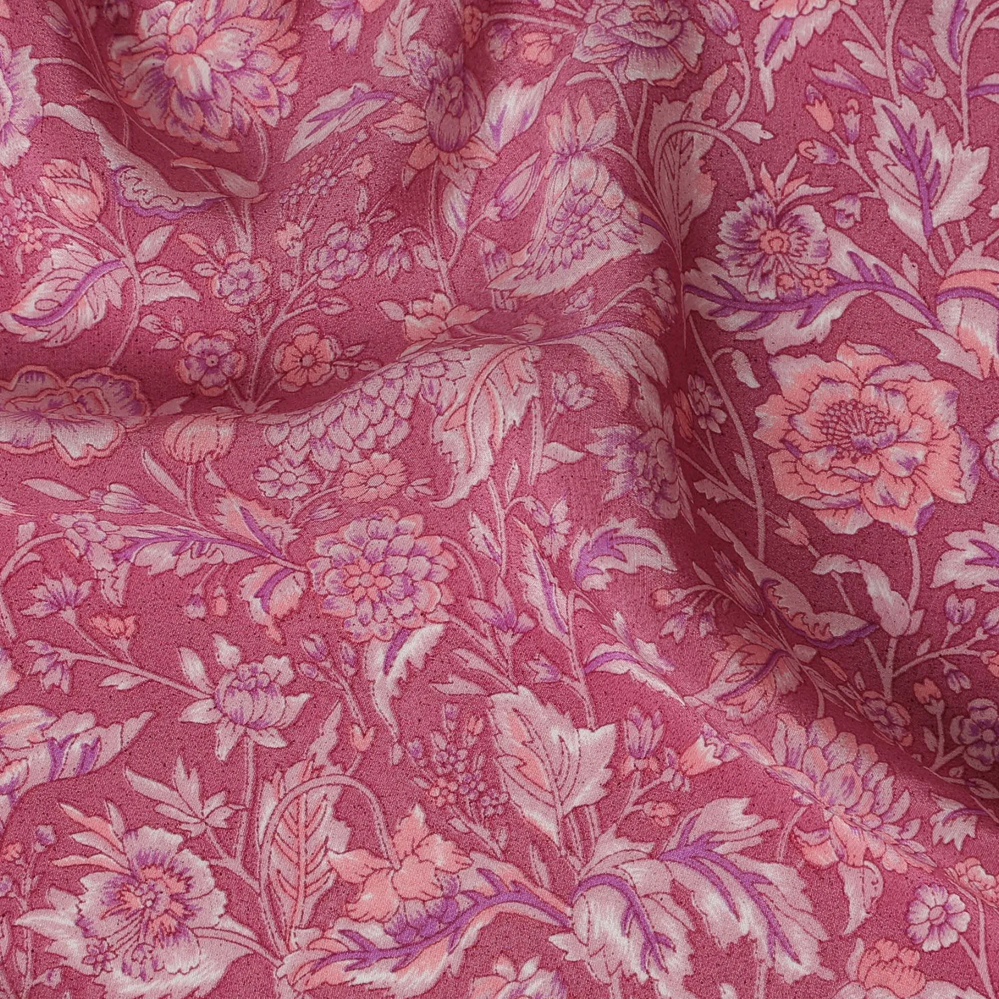 Coral Rose Garden Pure Silk Crepe Fabric - Artisanal Print, 110cm Width, Indian Craftsmanship - Buy Online by the Meter-D18038