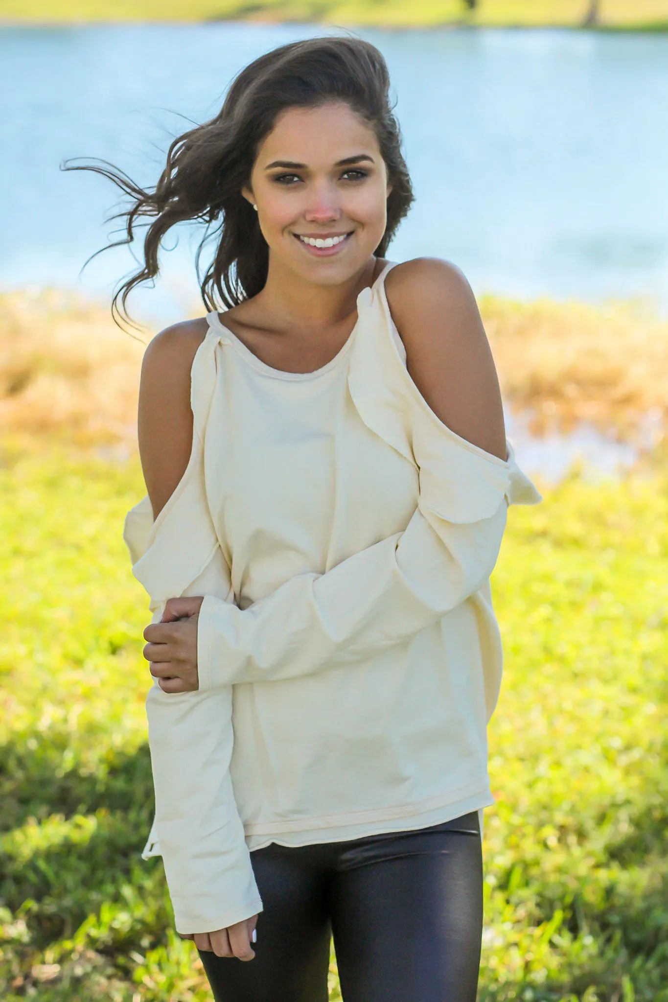 Cream Cold Shoulder Top with Ruffle Detail