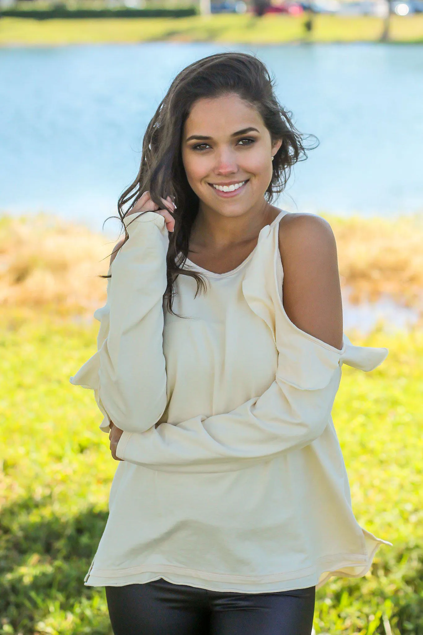 Cream Cold Shoulder Top with Ruffle Detail