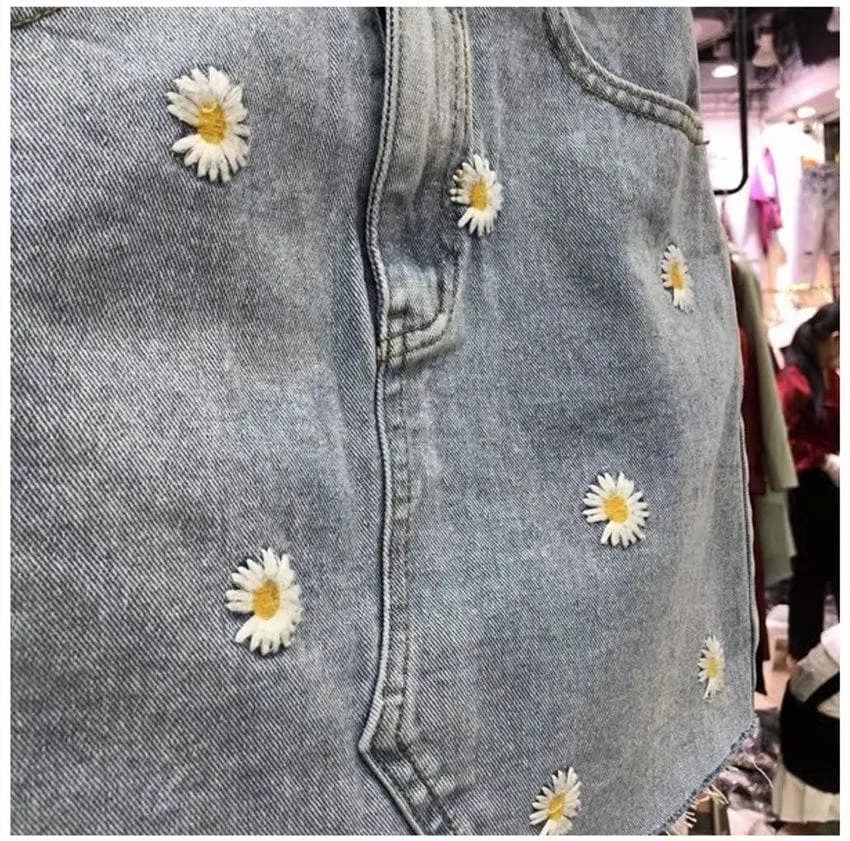 Denim Skirt with Daisy Embroidery