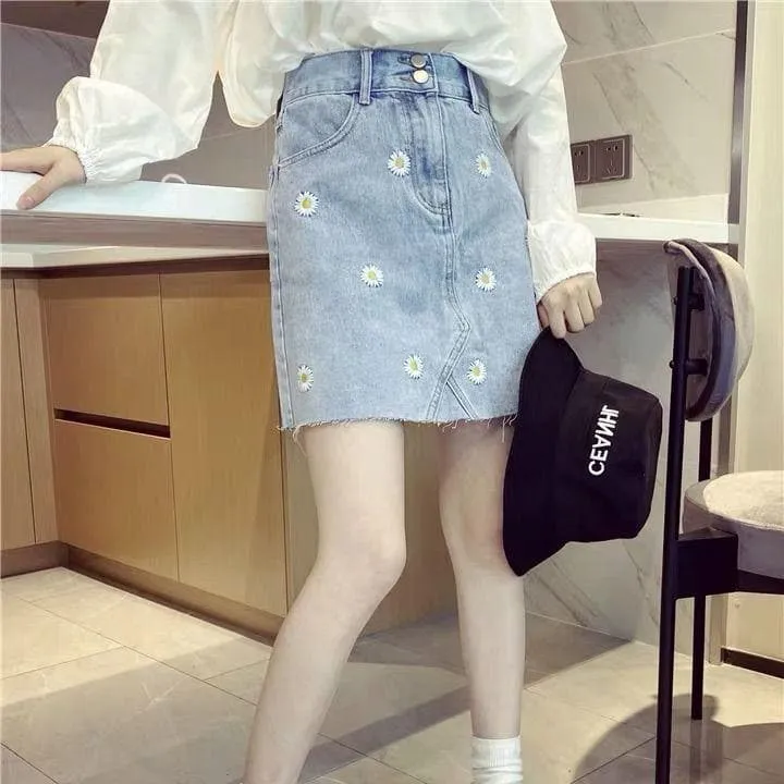 Denim Skirt with Daisy Embroidery