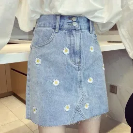 Denim Skirt with Daisy Embroidery