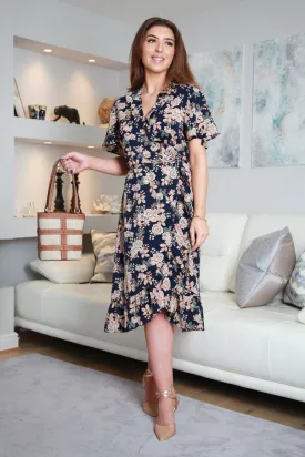 Double Second Navy Printed Wrap Frill Front Dress