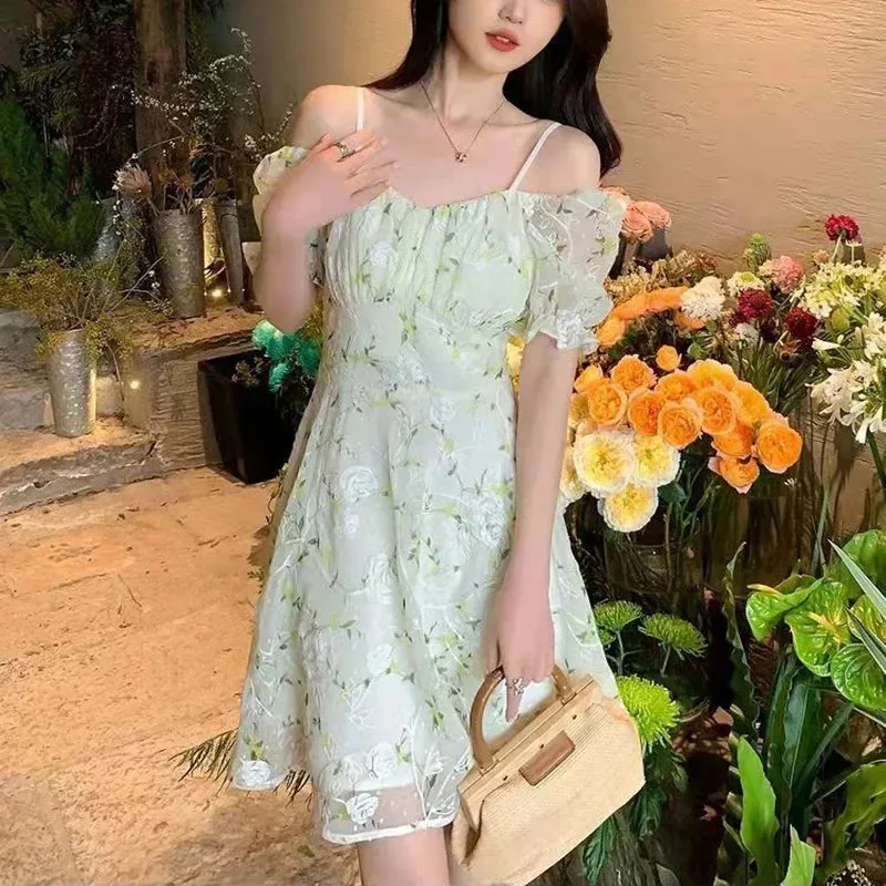 DressBetty - 2024 Fairycore Embroidery French Temperament Light Green Mini Floral Dress