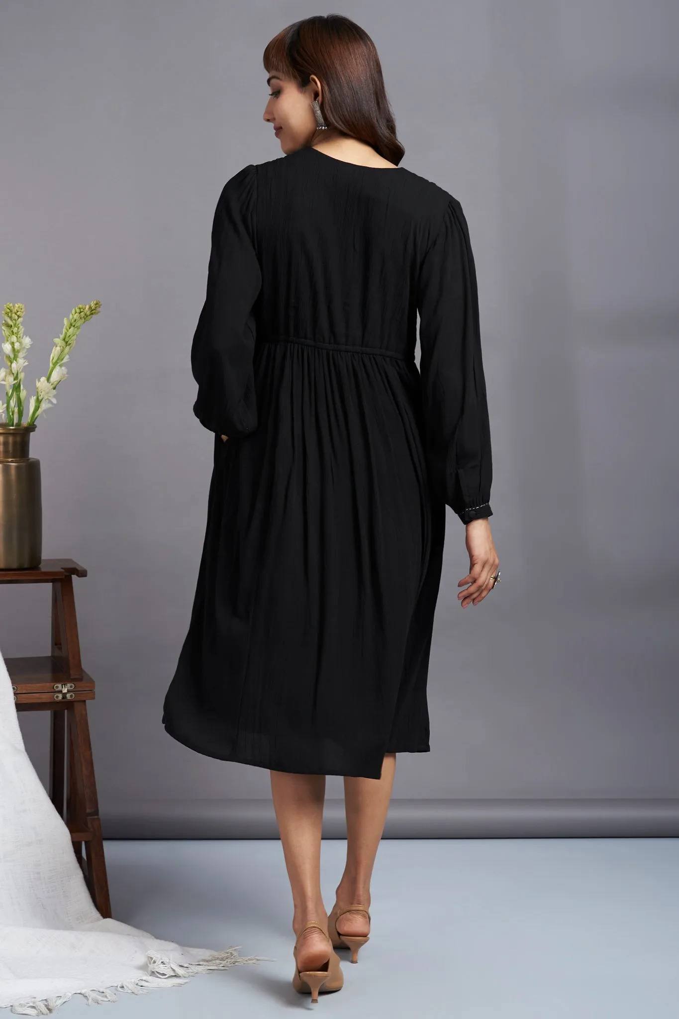 ecstasy black - crush cotton wrap dress with bucket stitch details