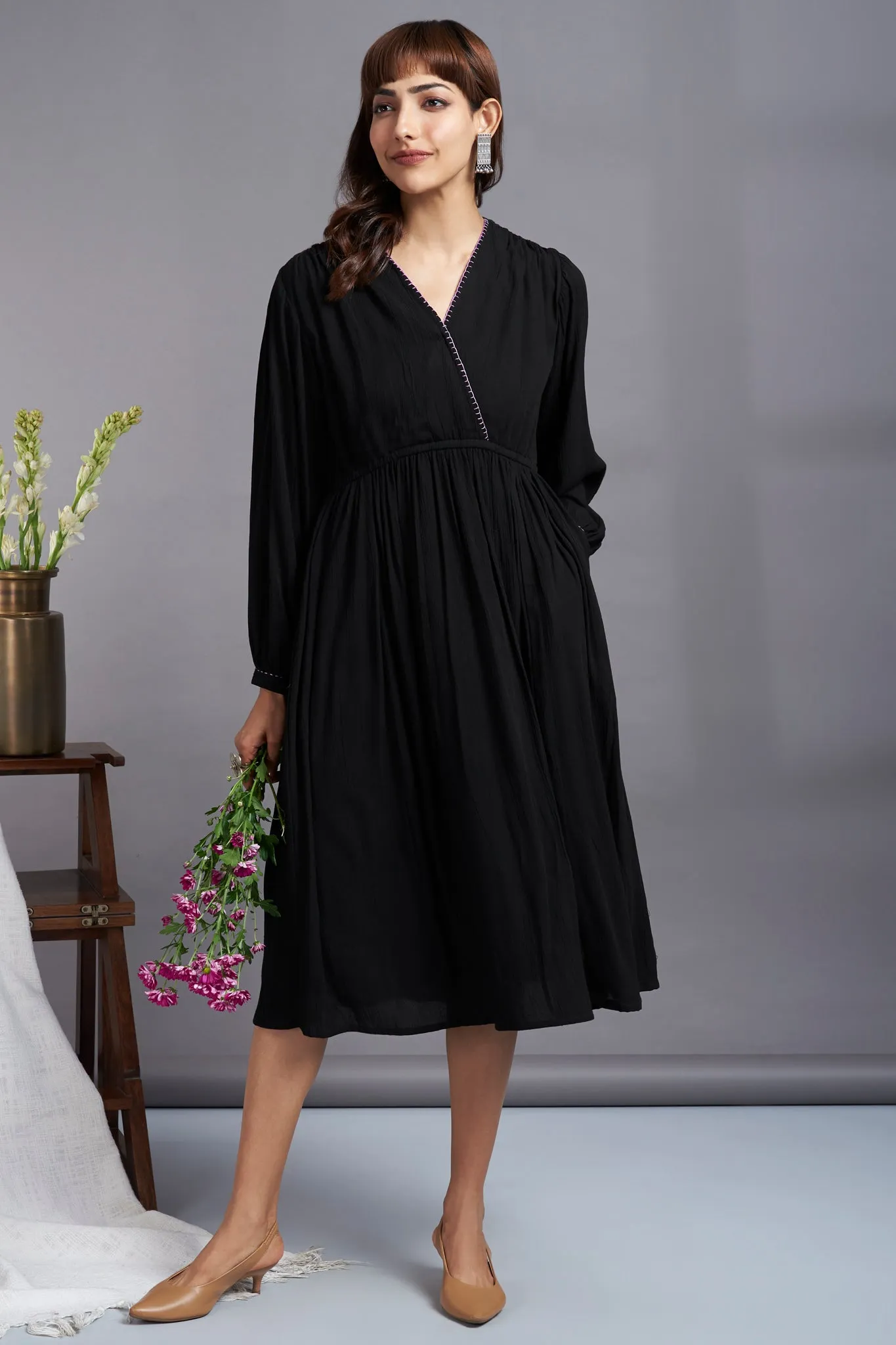 ecstasy black - crush cotton wrap dress with bucket stitch details