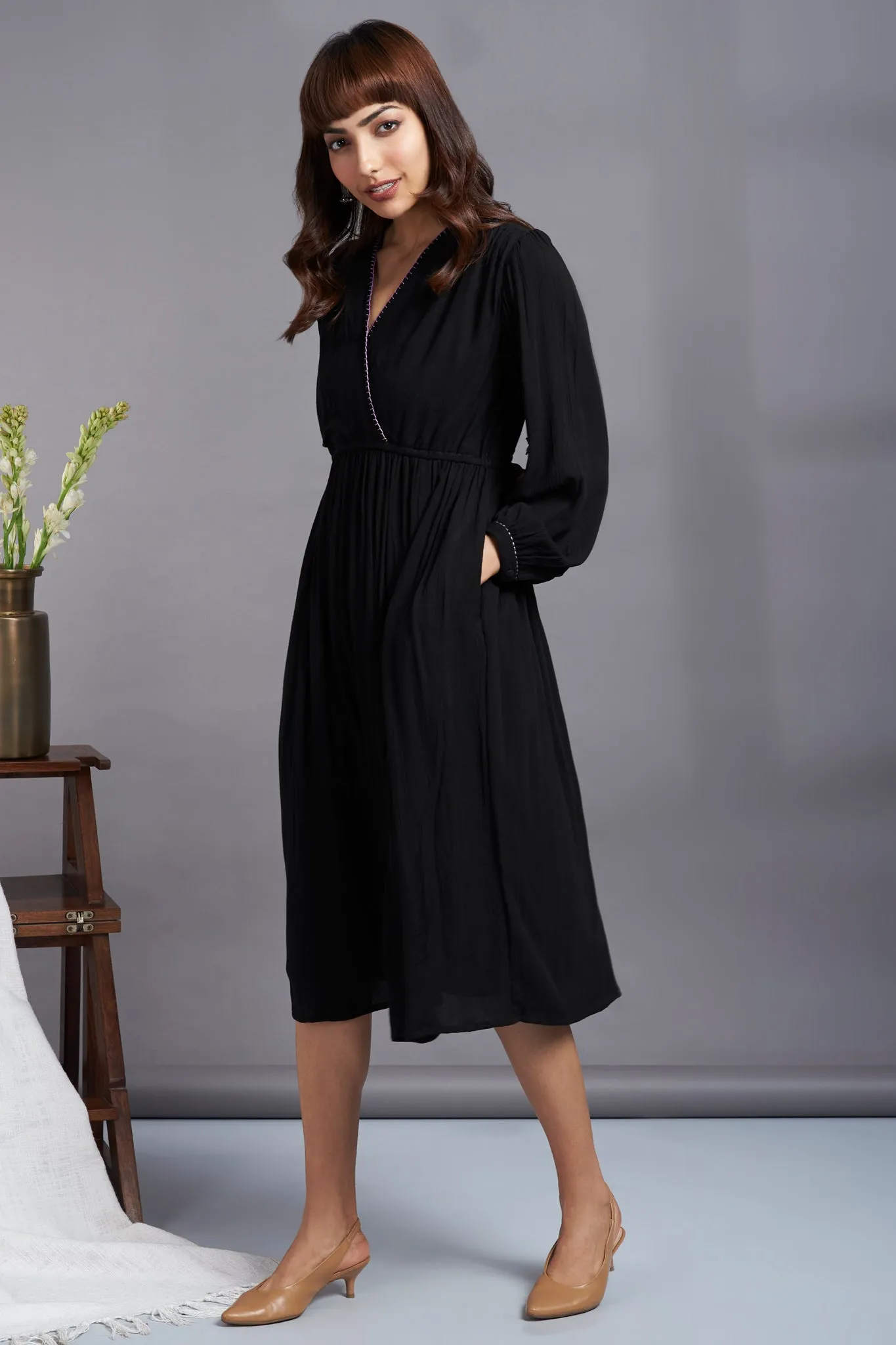 ecstasy black - crush cotton wrap dress with bucket stitch details