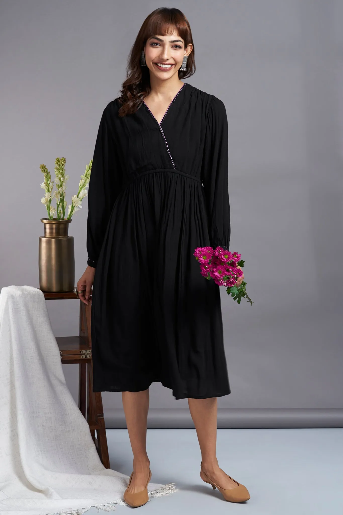 ecstasy black - crush cotton wrap dress with bucket stitch details