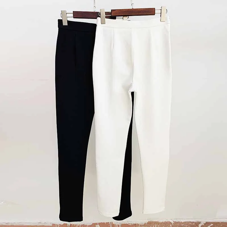 Elastic White Skinny Formal Pants Gold-tone Buttons Pencil Pants Black