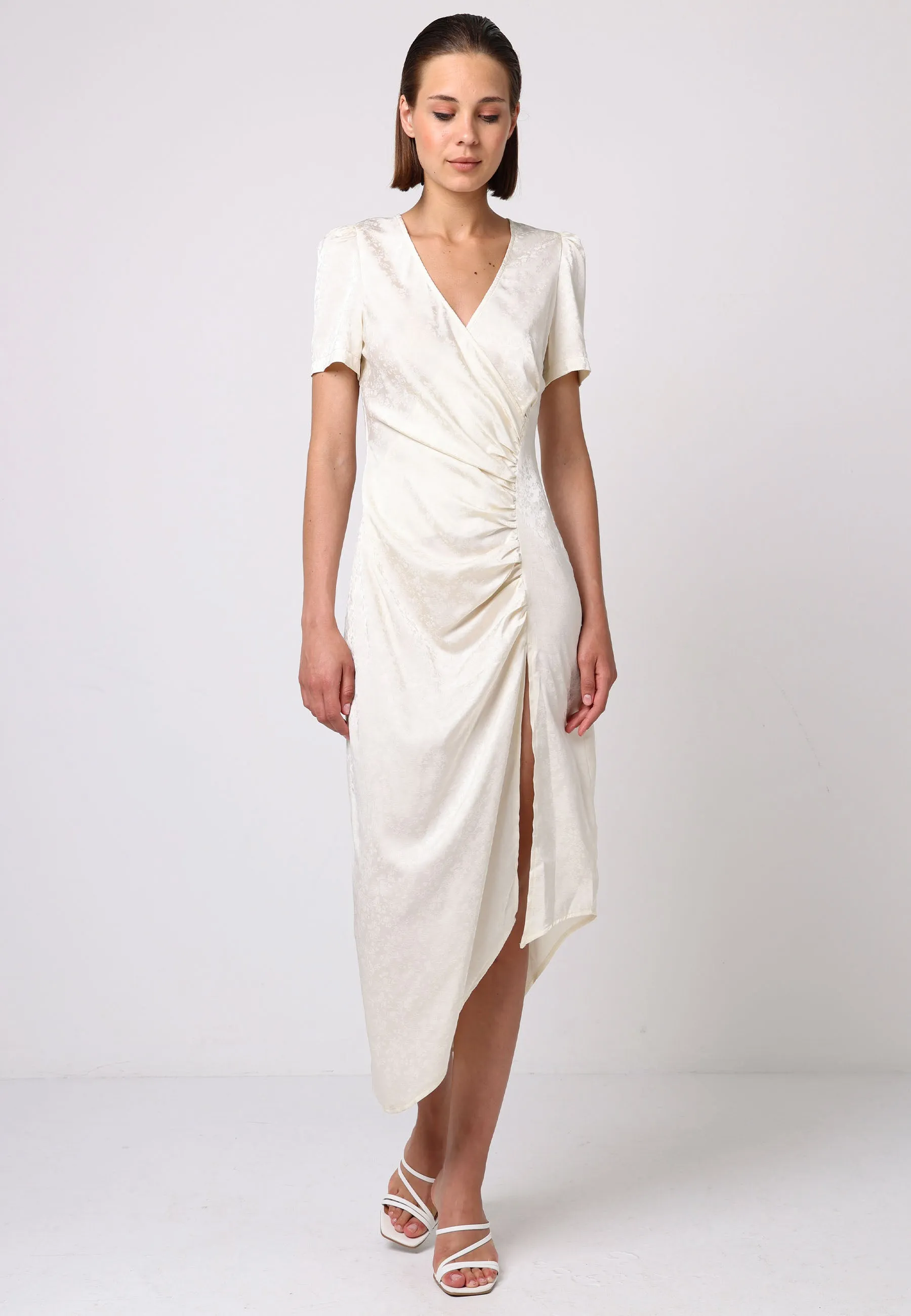 Faux Wrap Pleated Detail Asymmetrical Midi Satin Dress