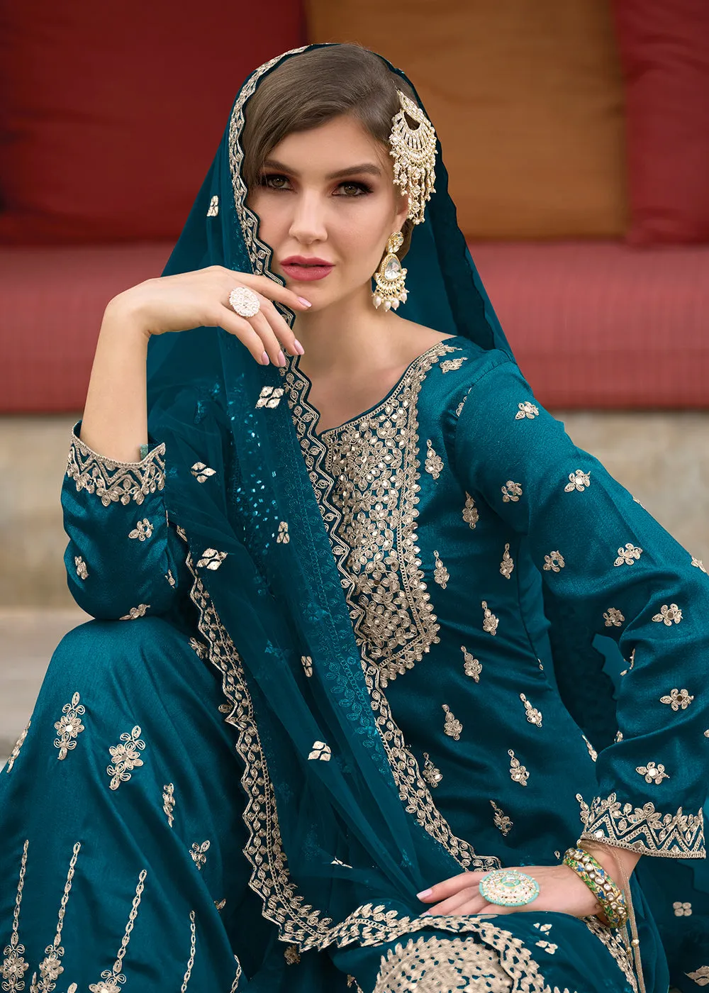 Festive Amazing Teal Green Heavy Silk Sharara Suit