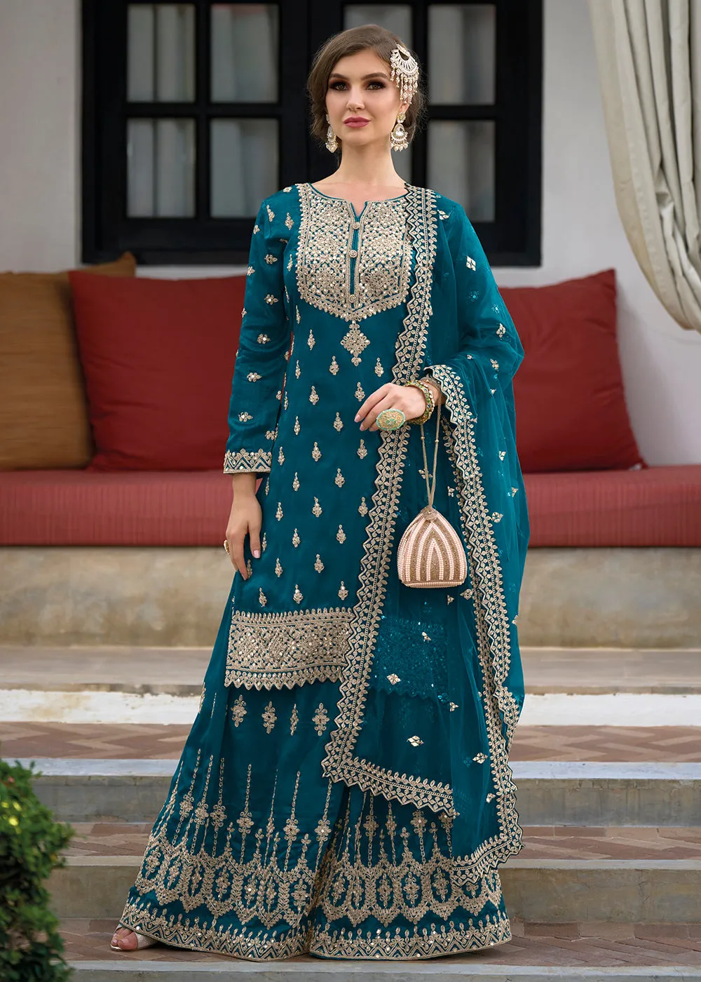 Festive Amazing Teal Green Heavy Silk Sharara Suit