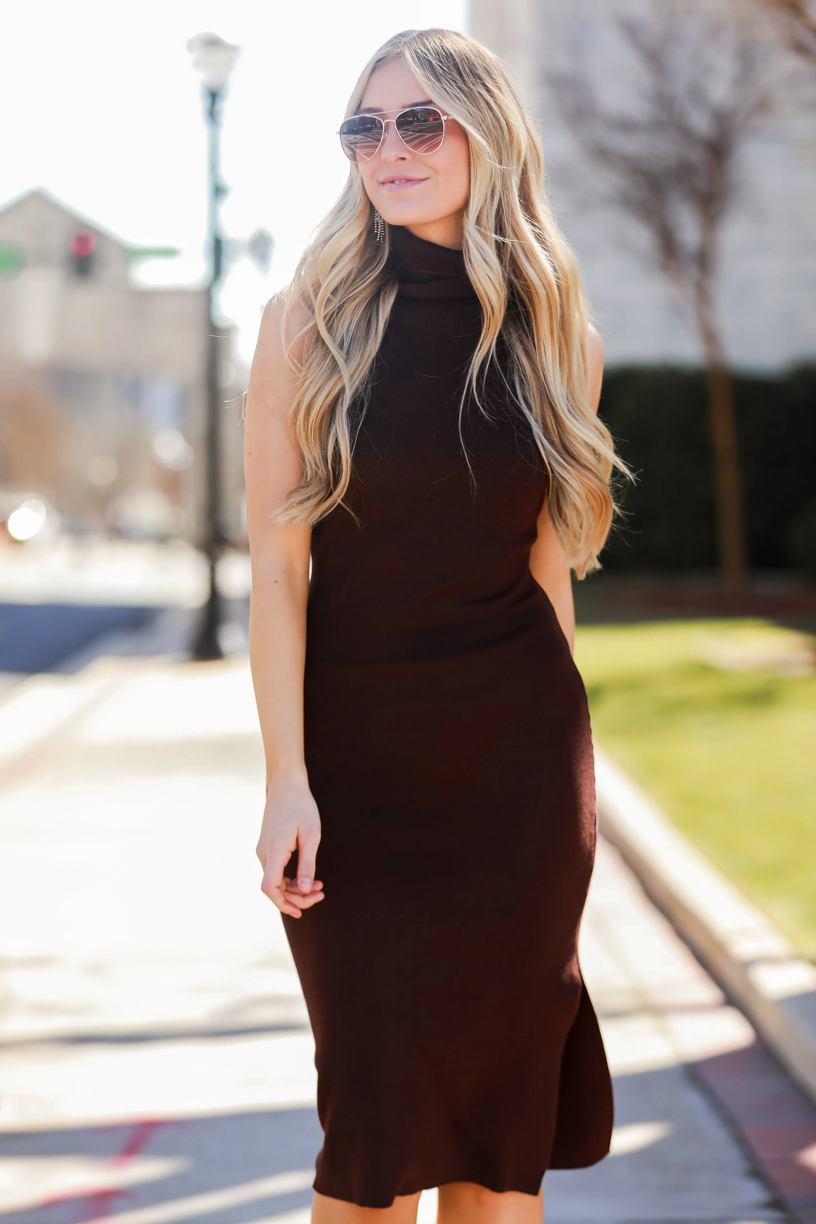 FINAL SALE - Easily Gorgeous Brown Turtleneck Sweater Midi Dress