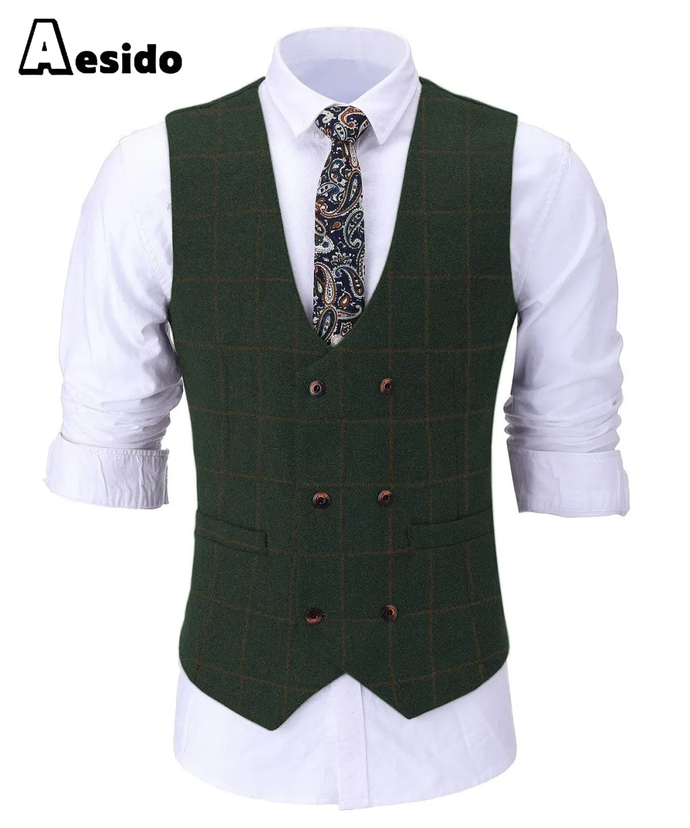 Formal Men's Suit Vest Plaid Tweed U Neck Waistcoat