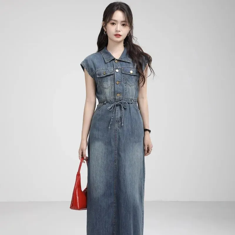 Girlary Retro Polo Collar Denim Dress Women'S Hong Kong Style Sleeveless Single Breasted Temperament Waist Tie Up Mid Length Washed Deni