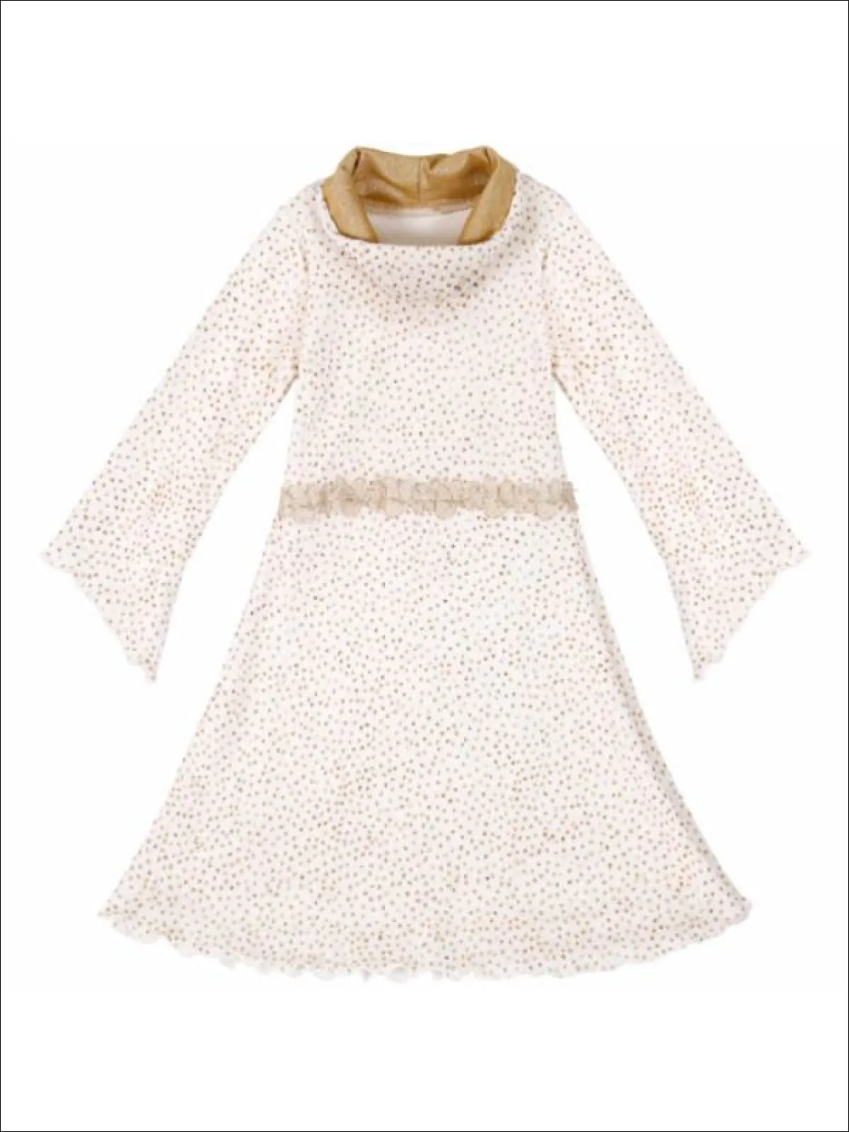 Girls Gold/Creme Turtleneck Sweater Dress w/ Wide Sleeves