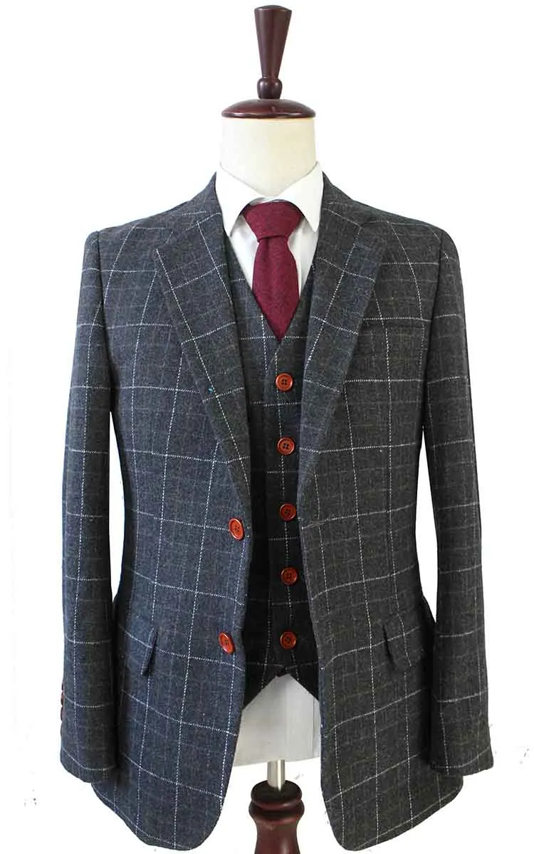 GREY OVERCHECK PLAID TWEED 3 PIECE SUIT