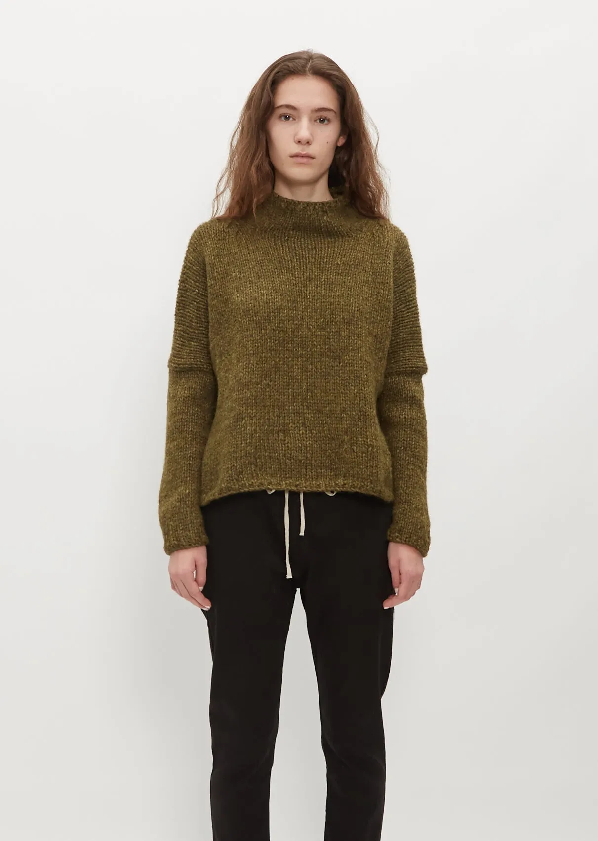 Hand Knit Oversized Alpaca and Wool High Neck — Olive