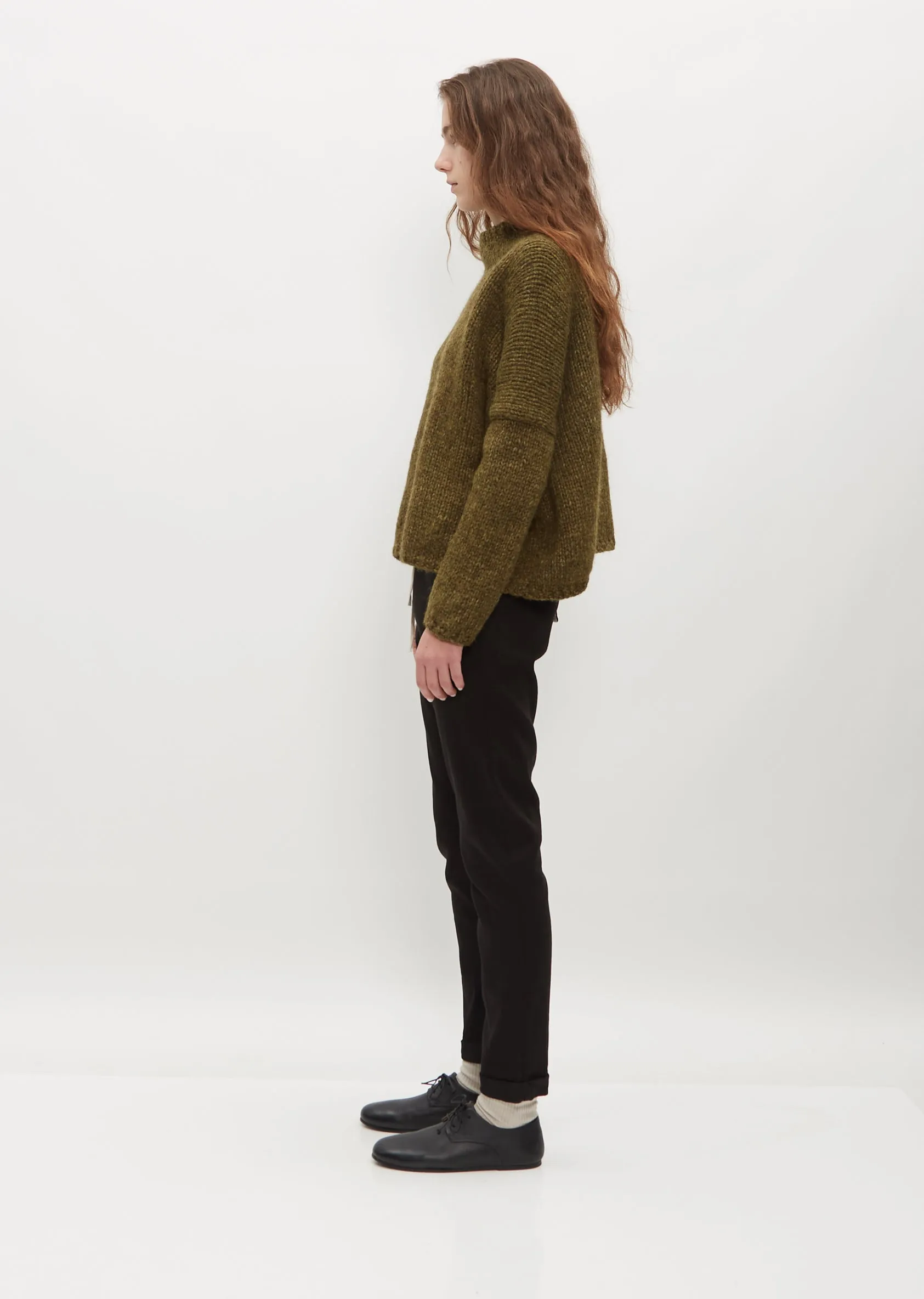 Hand Knit Oversized Alpaca and Wool High Neck — Olive