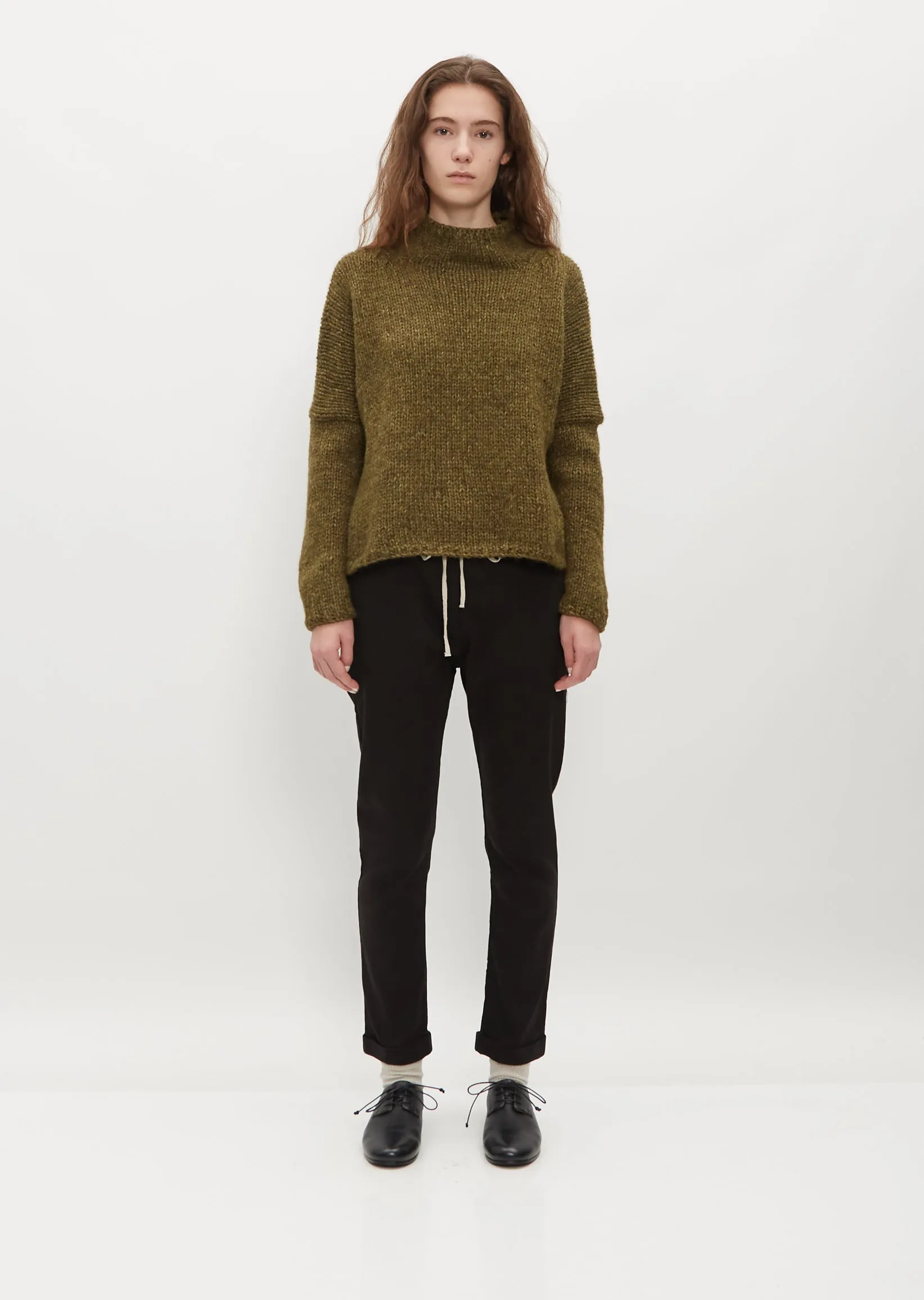 Hand Knit Oversized Alpaca and Wool High Neck — Olive