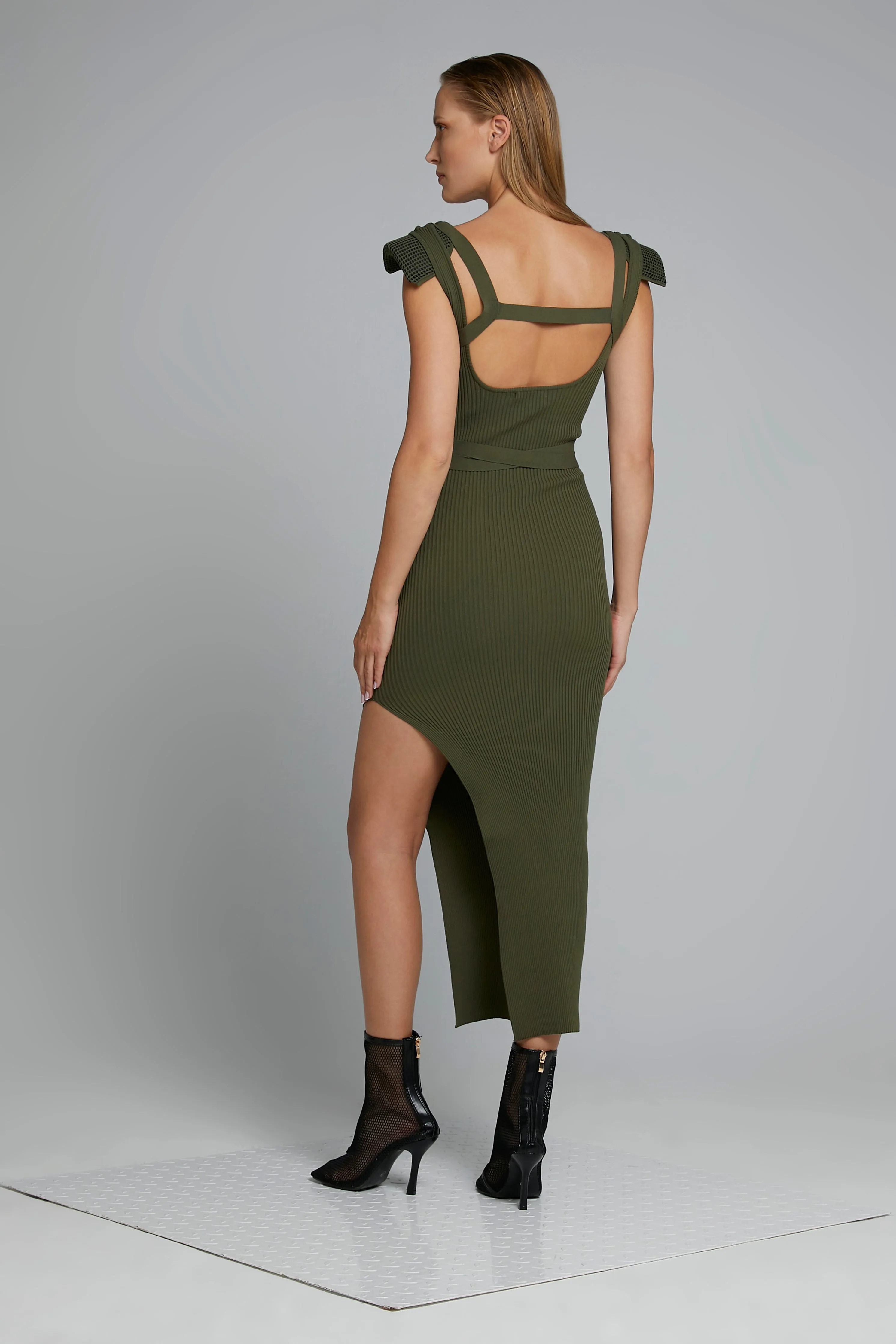 HARNESS KNIT DRESS W/ SHOULDER PADS