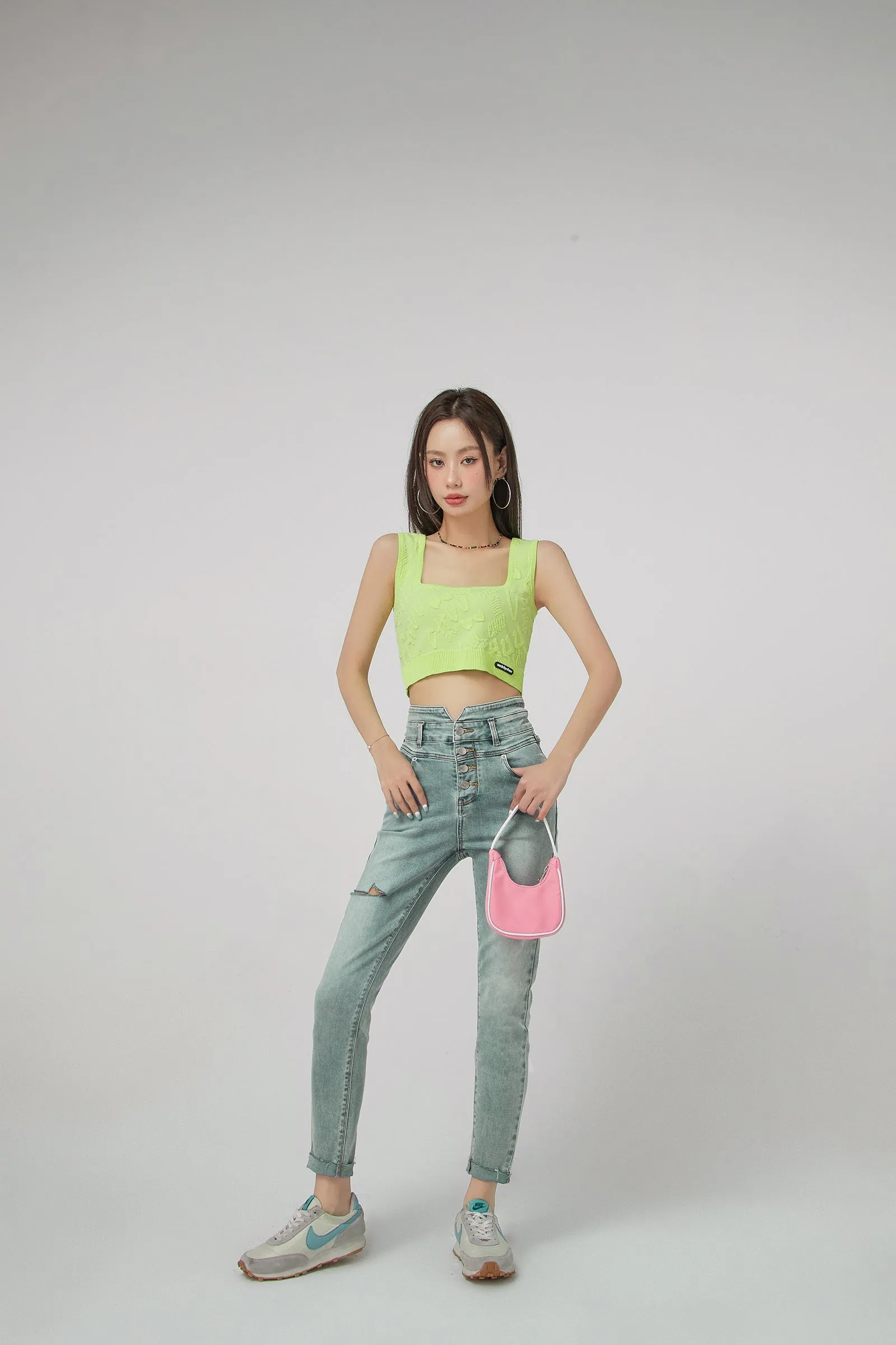 High Waist Button Slim Jeans