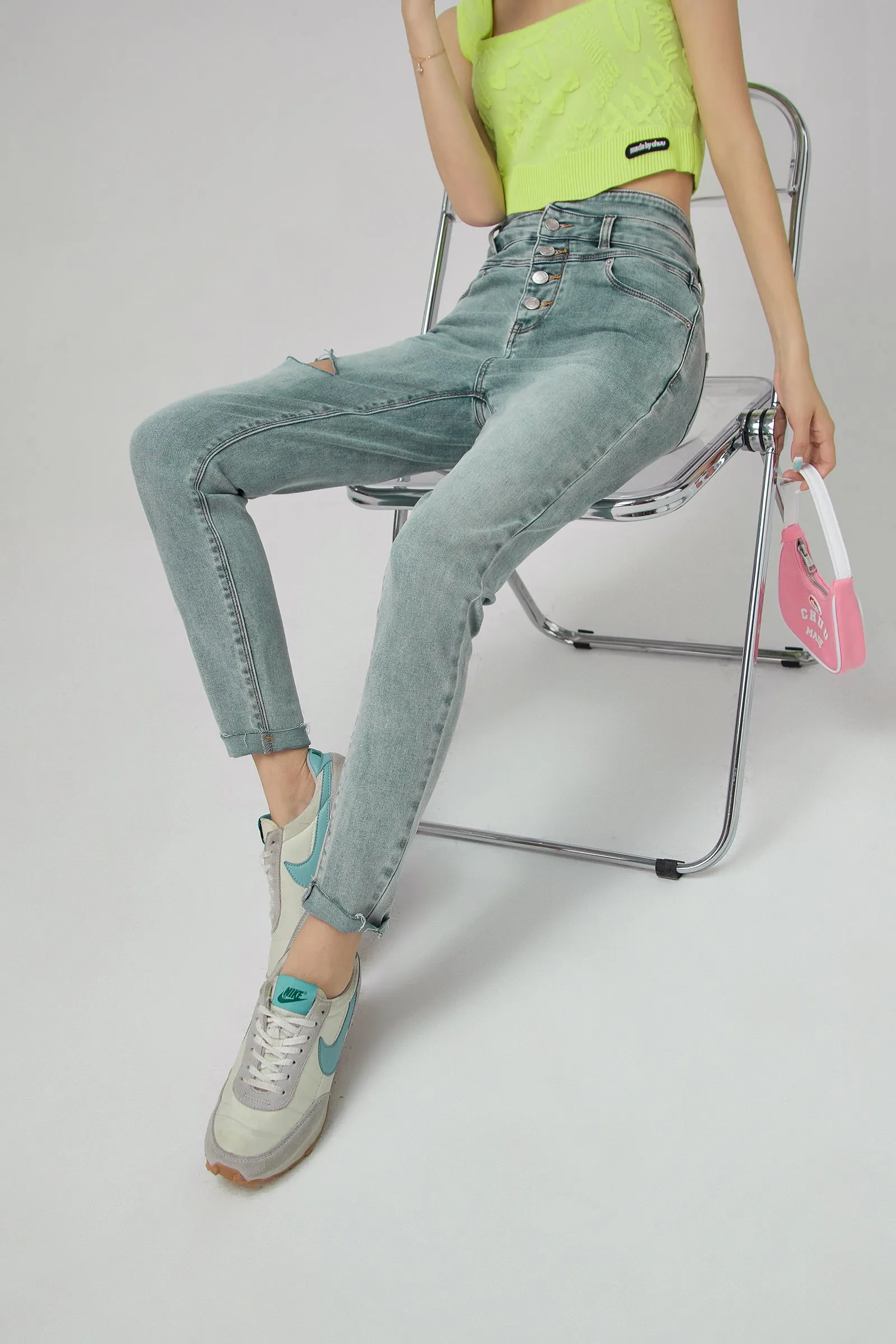 High Waist Button Slim Jeans