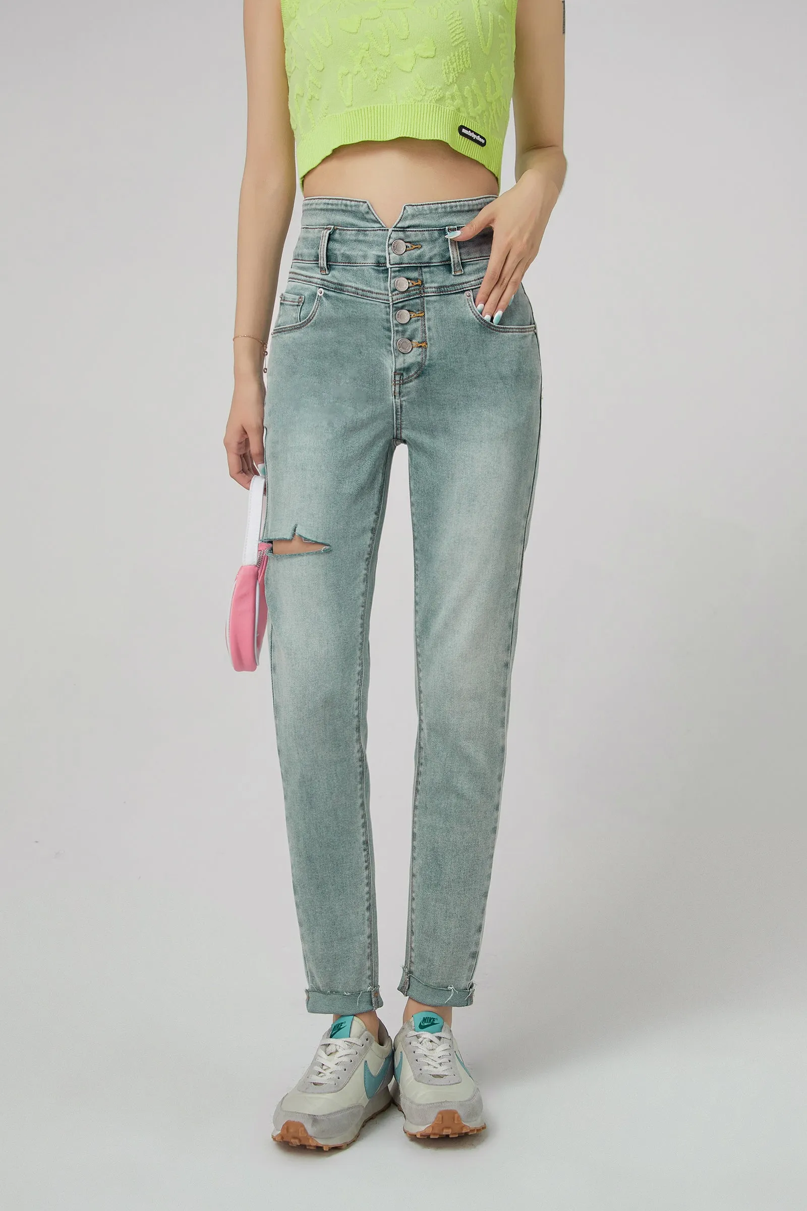 High Waist Button Slim Jeans