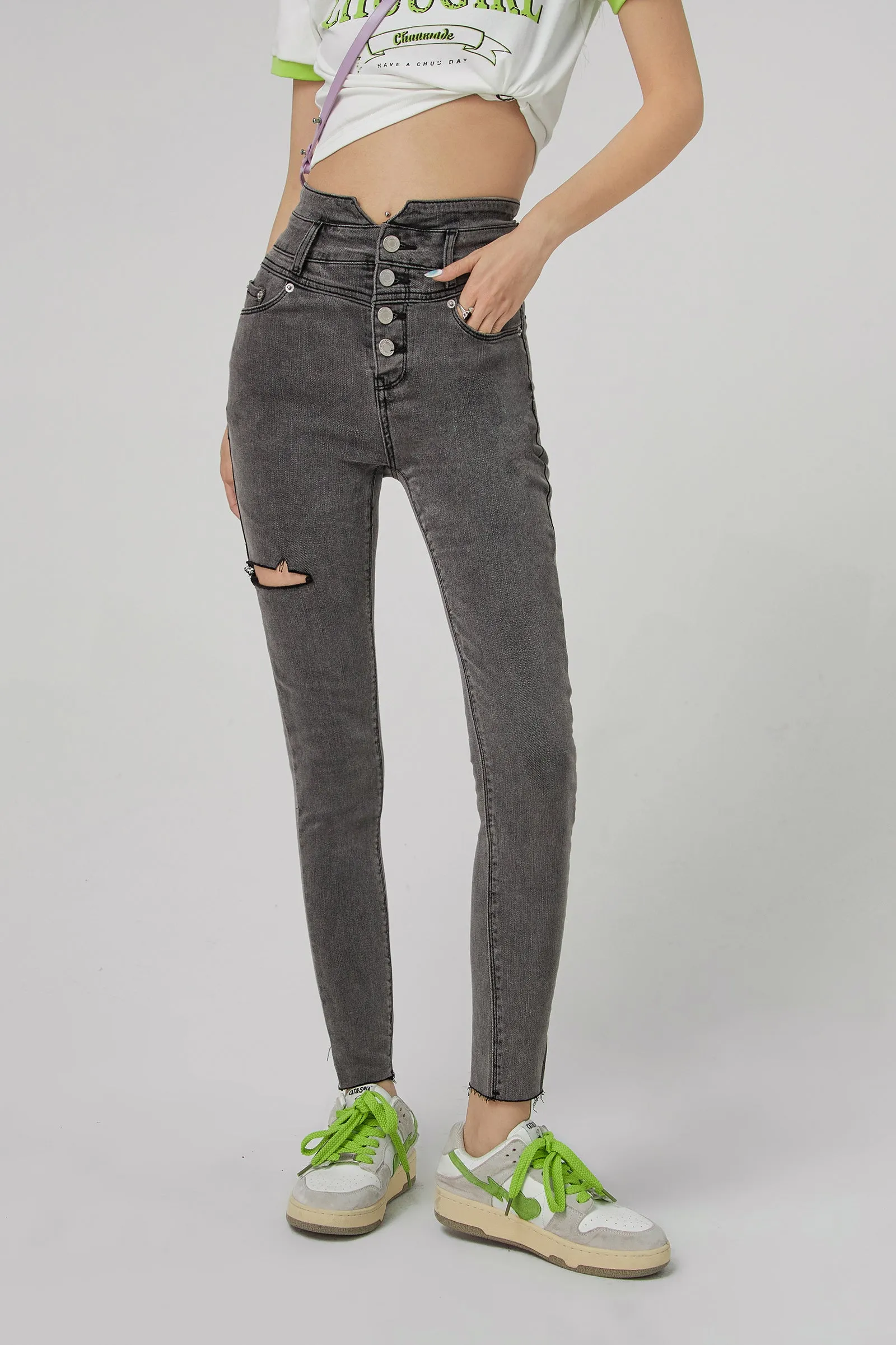 High Waist Button Slim Jeans