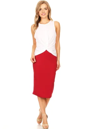 High waist, knee-length pencil skirt, fitted style waistband.