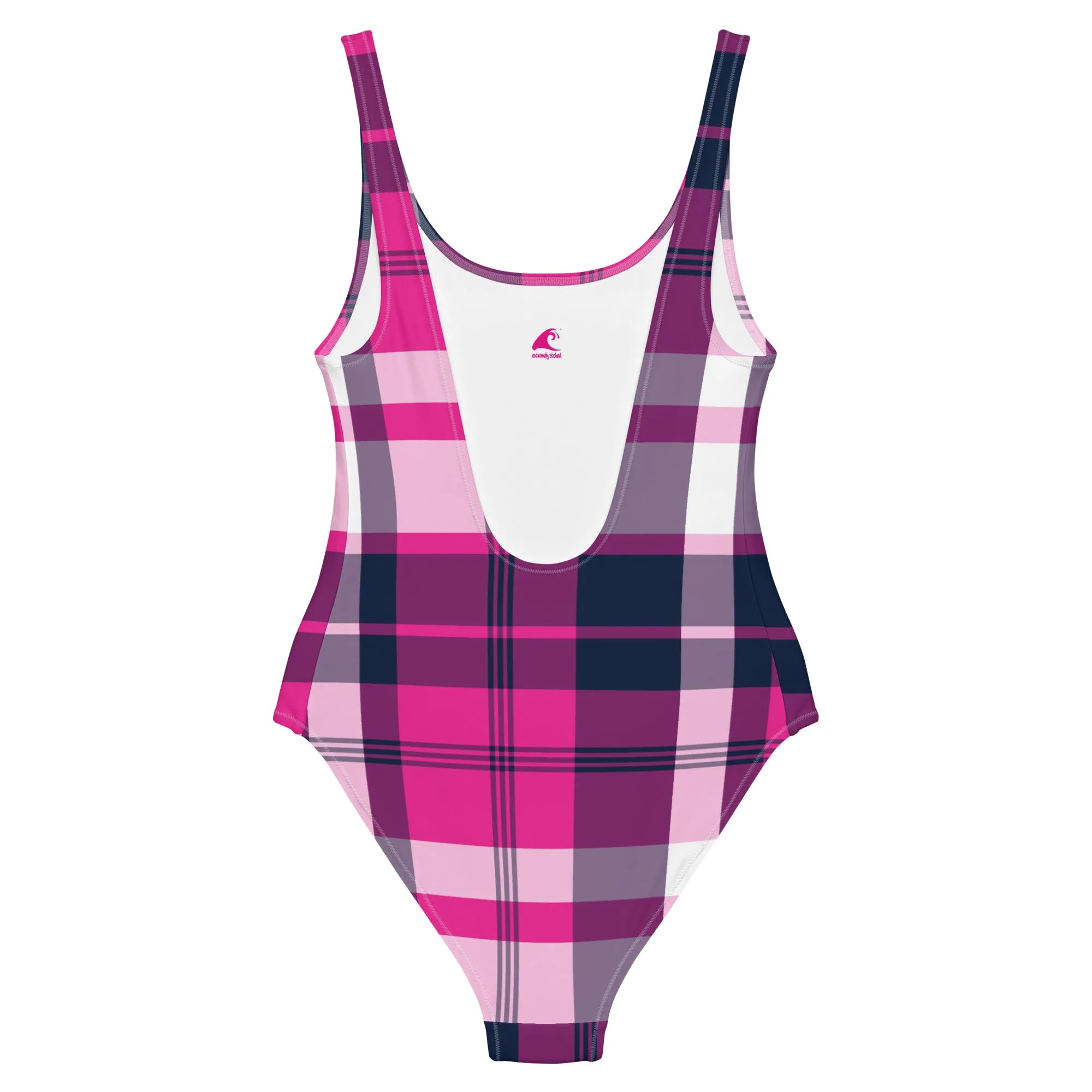 Hot Pink and Navy Blue Preppy Plaid One Piece Women's Swimsuit